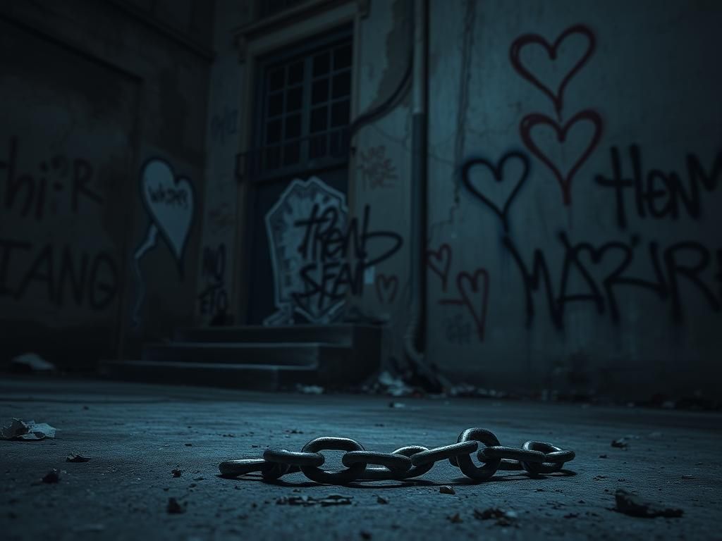 Flick International Broken chain on the ground symbolizes trafficking and freedom in a dimly lit urban environment