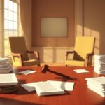 Flick International A stylized courtroom scene with a gavel, legal documents, and empty chairs reflecting a divorce negotiation.