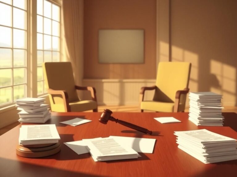 Flick International A stylized courtroom scene with a gavel, legal documents, and empty chairs reflecting a divorce negotiation.