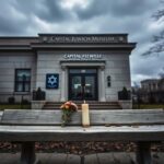 Flick International somber scene of the Capital Jewish Museum entrance with wilted flowers and a flickering candle