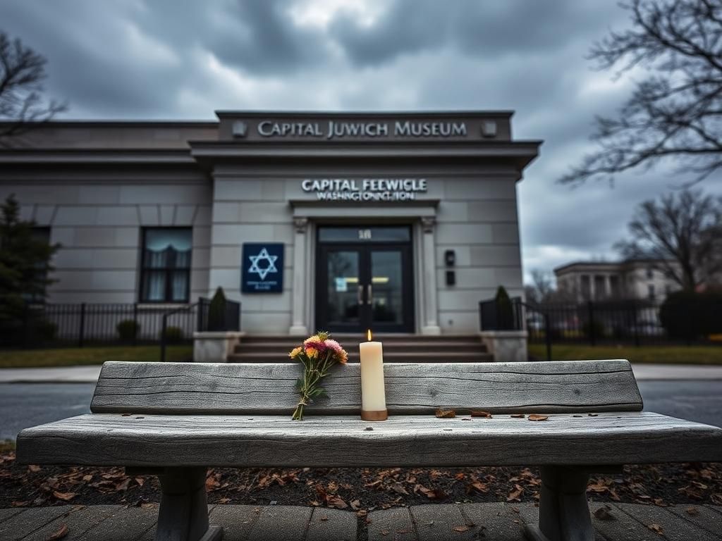 Flick International somber scene of the Capital Jewish Museum entrance with wilted flowers and a flickering candle
