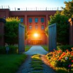 Flick International A serene landscape outside a federal prison with lush greenery and open gates symbolizing hope