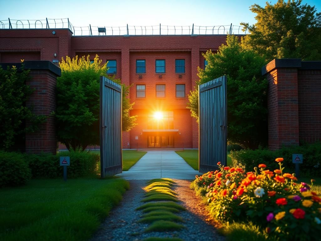 Flick International A serene landscape outside a federal prison with lush greenery and open gates symbolizing hope