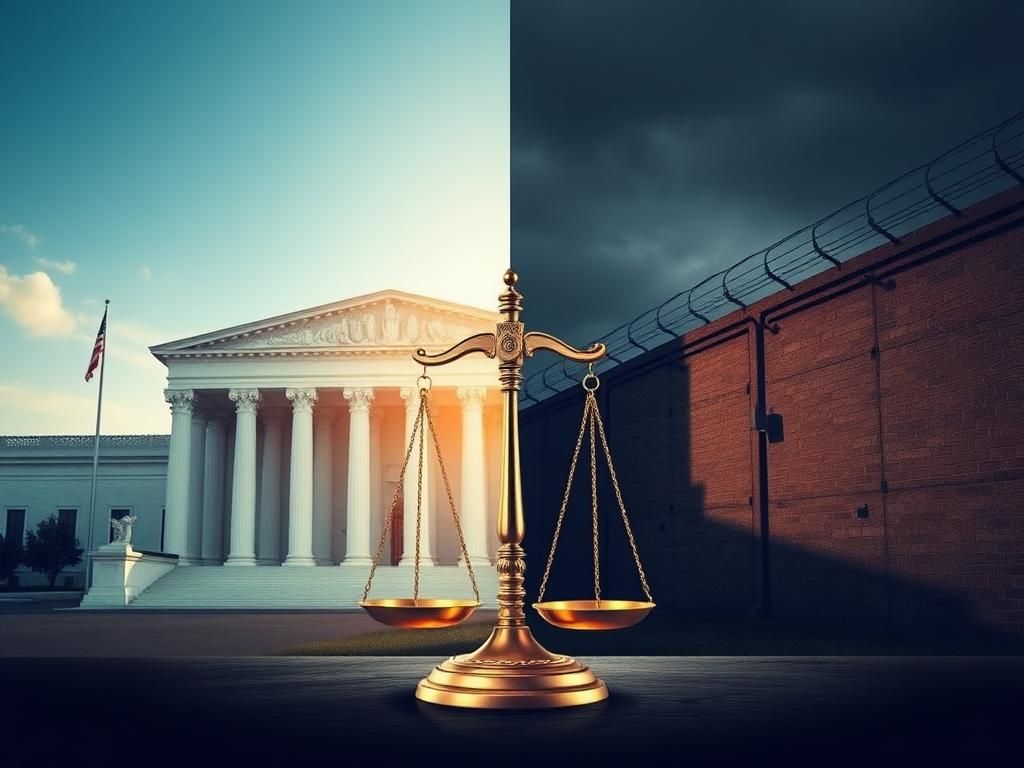 Flick International A split scene showing a modern courthouse symbolizing justice and a desolate prison wall representing incarceration