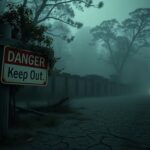 Flick International Dark landscape of the Ozark mountains with ominous signpost and dilapidated prison wall