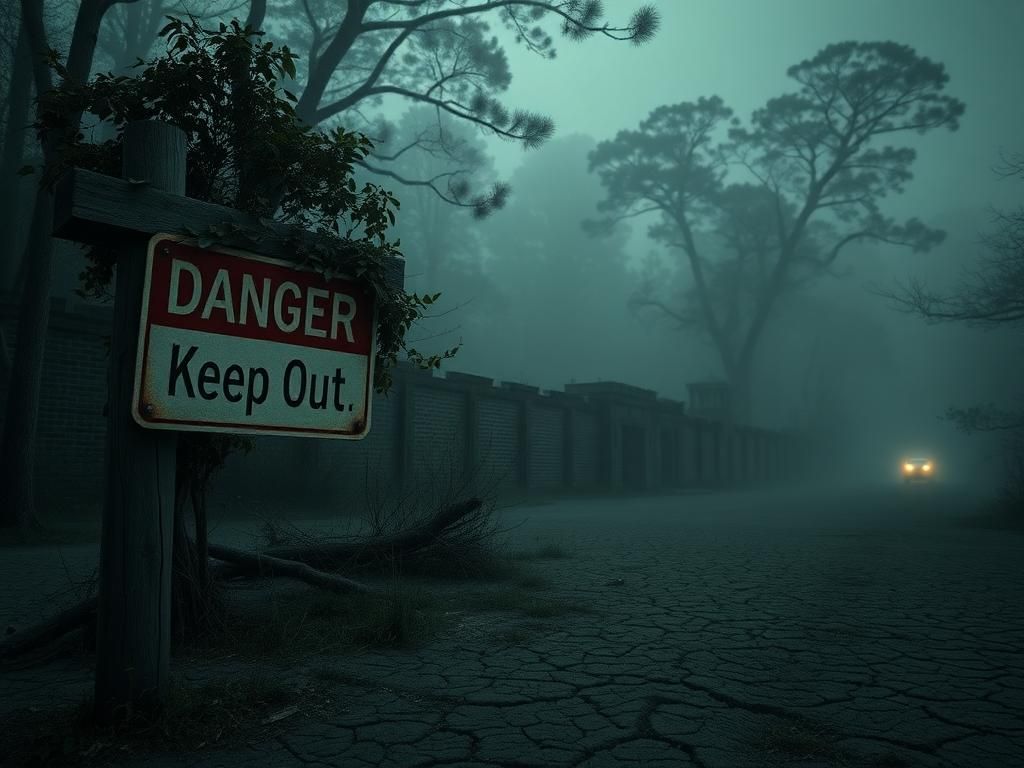 Flick International Dark landscape of the Ozark mountains with ominous signpost and dilapidated prison wall