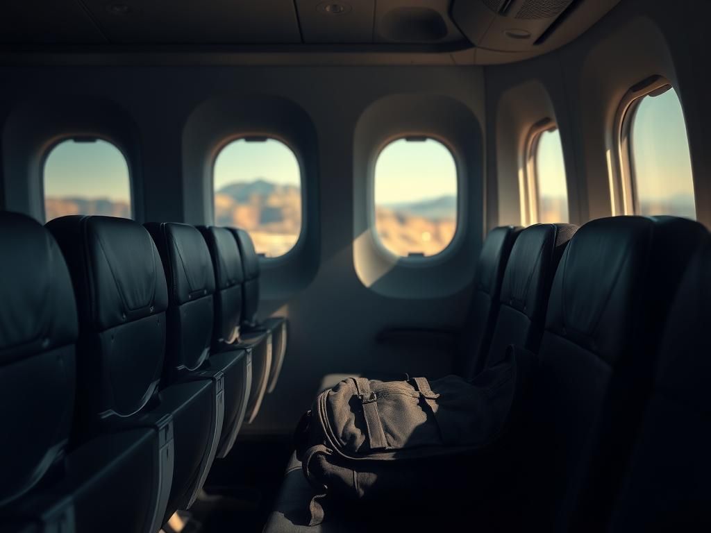 Flick International Empty airplane interior symbolizing a migrant's journey towards justice