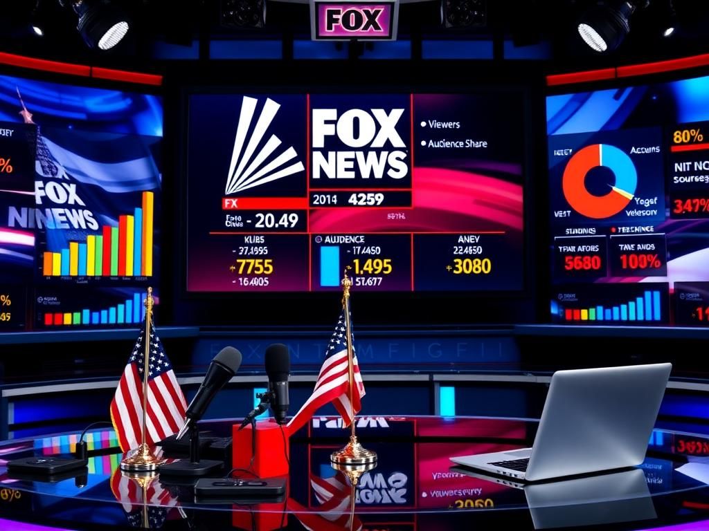 Flick International Dynamic newsroom setting with Fox News logo and colorful rating graphics.