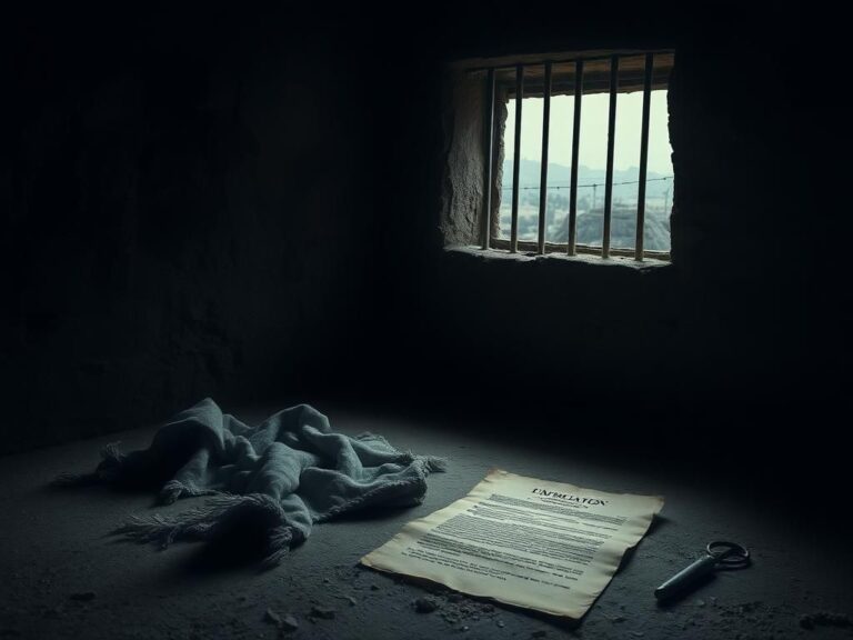Flick International Somber prison cell with rough stone walls and a small barred window casting shadows, depicting isolation and despair.
