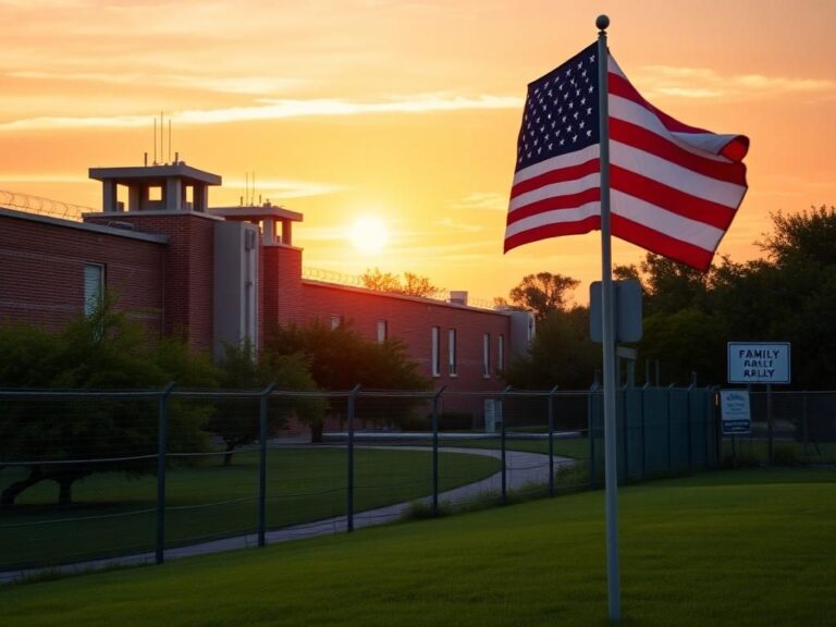 Flick International Exterior view of federal prison in Pensacola, Florida, during sunset with American flag