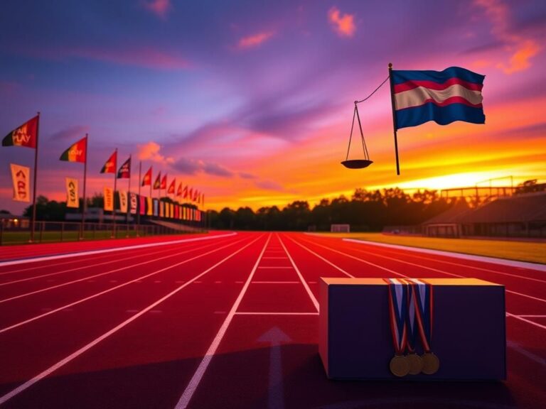 Flick International Empty running track with vibrant lane markings at dusk, symbolizing the debate over transgender athlete policies.