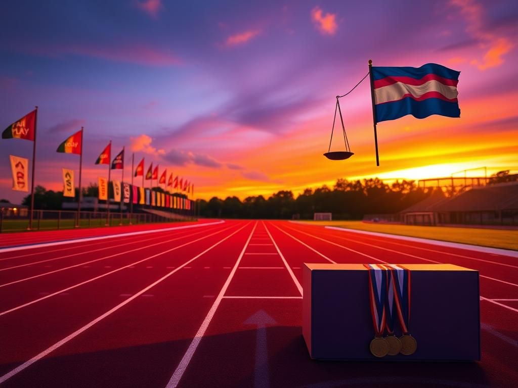 Flick International Empty running track with vibrant lane markings at dusk, symbolizing the debate over transgender athlete policies.