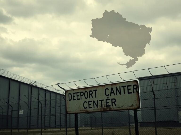 Flick International High-security immigration detention facility surrounded by barbed wire under a cloudy sky