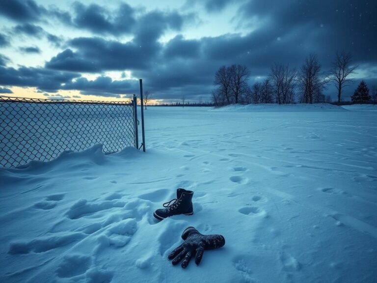 Flick International Snow-covered landscape depicting a desolate scene highlighting the tragic circumstances of a family's plight near the US-Canada border.