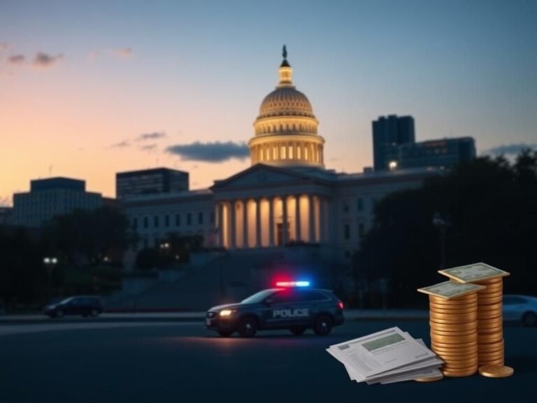 Flick International Serene cityscape at dusk with a prominent government building and an empty police car symbolizing public safety