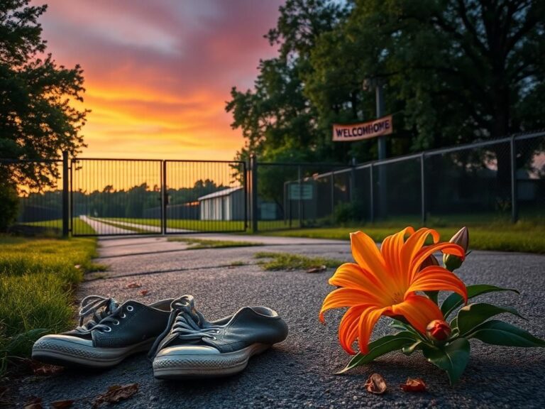 Flick International Dusk view of a serene prison landscape with an open gate symbolizing freedom