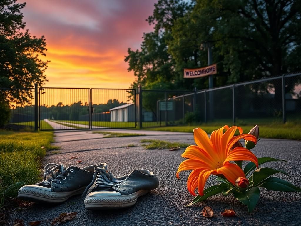 Flick International Dusk view of a serene prison landscape with an open gate symbolizing freedom