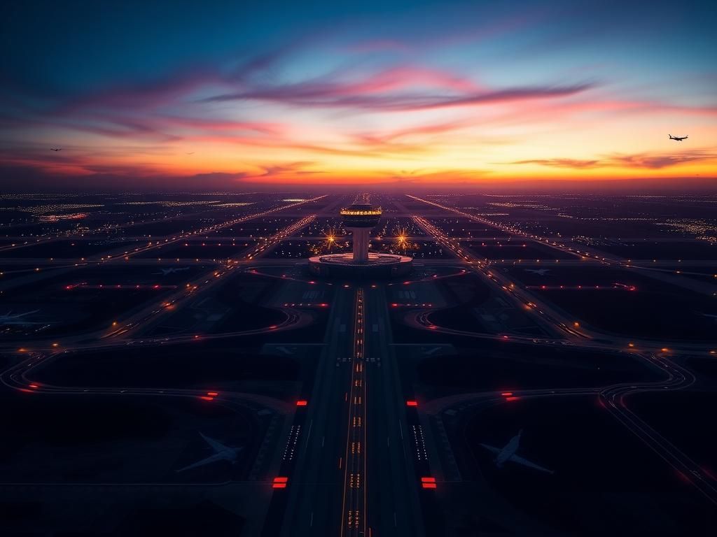 Flick International Aerial view of an airport at dusk with illuminated runways and control tower