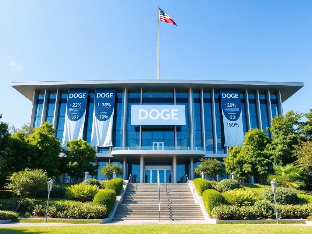 Flick International Modern government building showcasing DOGE branding amidst lush greenery