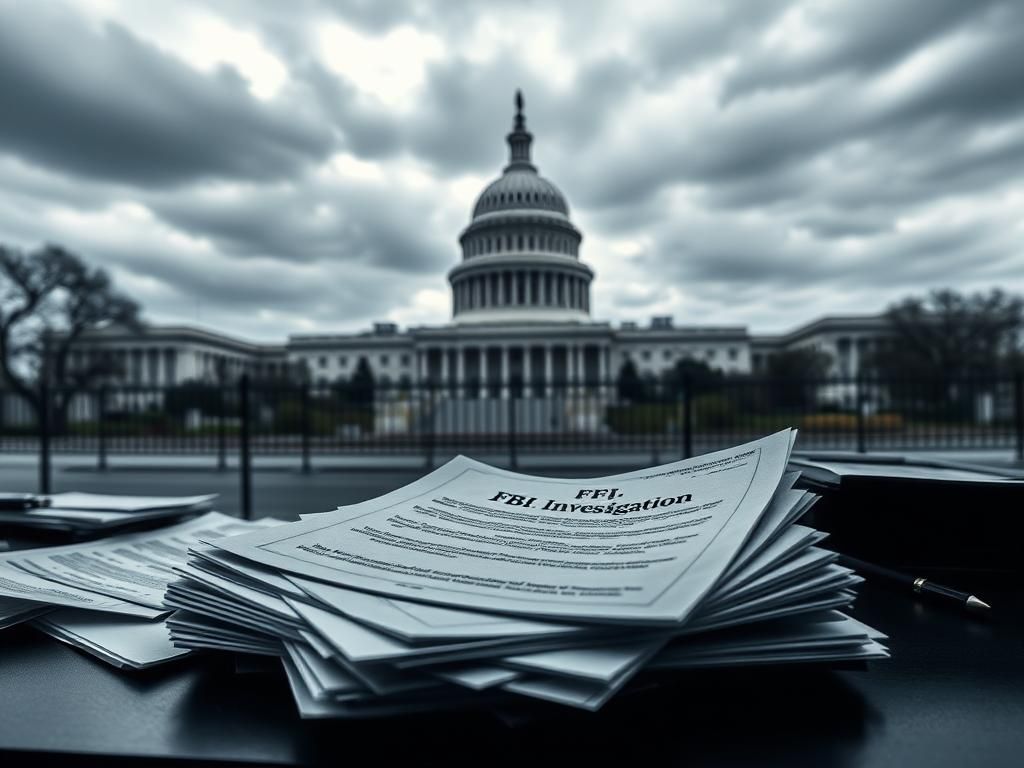 Flick International U.S. Capitol building shrouded in clouds with FBI documents symbolizing investigation