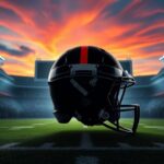 Flick International Chicago Bears football helmet illuminated at Soldier Field during sunset with cheering crowd silhouettes