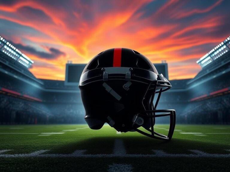 Flick International Chicago Bears football helmet illuminated at Soldier Field during sunset with cheering crowd silhouettes