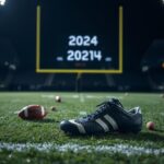 Flick International Abandoned cleats on a dimly lit football stadium field symbolizing the Ravens' complicated decision