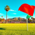 Flick International A vibrant football field in Los Angeles with Olympic rings and a question mark symbolizing uncertainty.