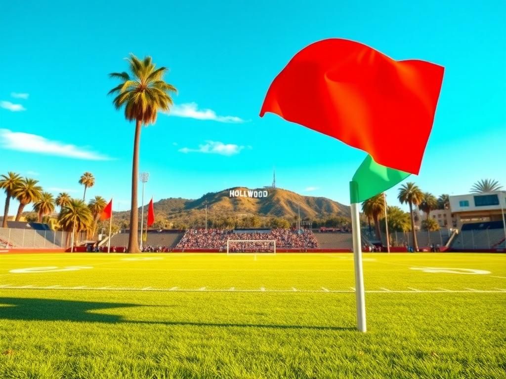 Flick International A vibrant football field in Los Angeles with Olympic rings and a question mark symbolizing uncertainty.