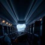 Flick International Empty airplane cabin with scattered luggage and overturned drink cart symbolizing chaos