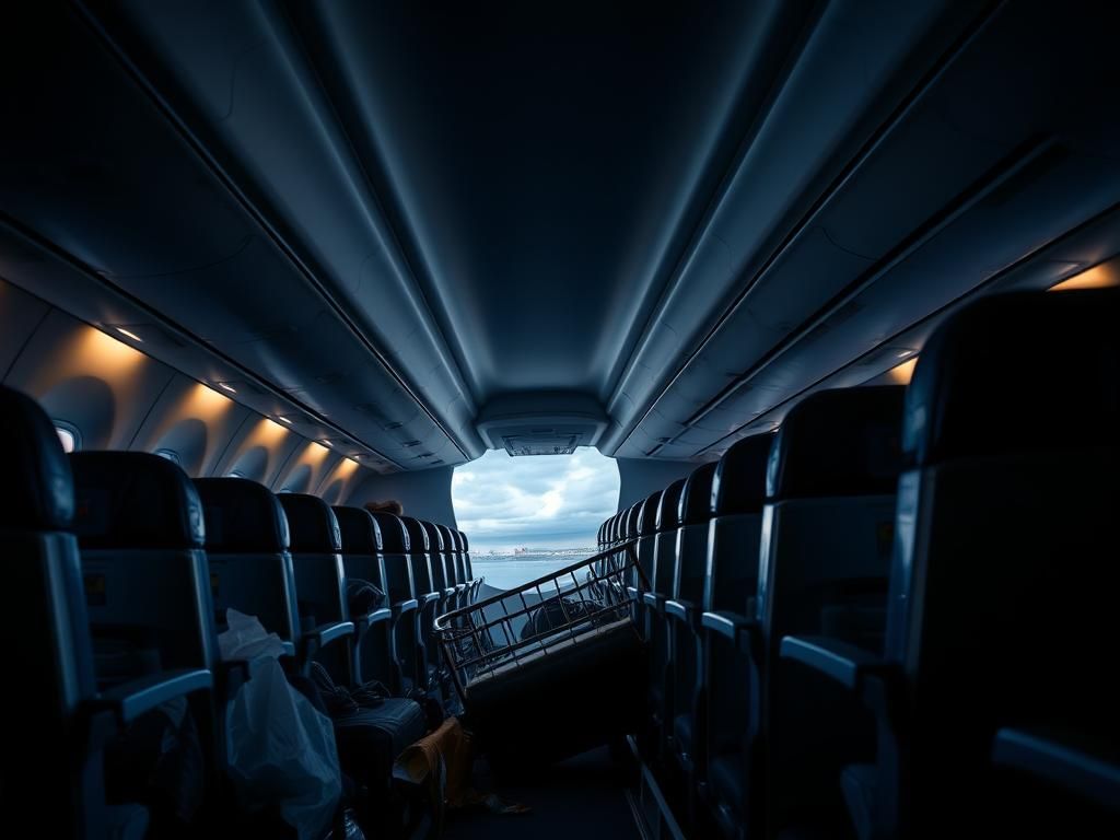 Flick International Empty airplane cabin with scattered luggage and overturned drink cart symbolizing chaos