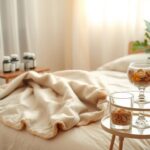 Flick International A tranquil bedroom setting featuring a cozy weighted blanket and vitamin bottles.