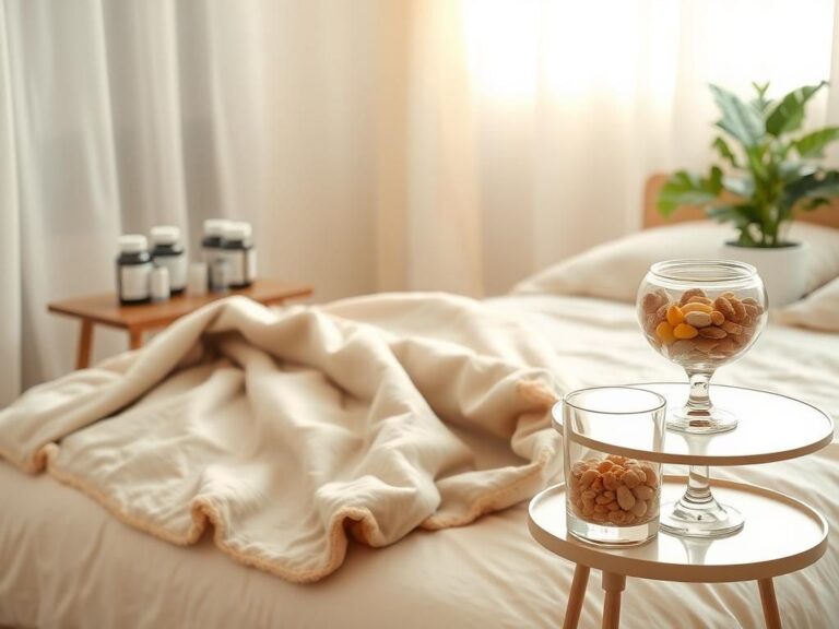 Flick International A tranquil bedroom setting featuring a cozy weighted blanket and vitamin bottles.