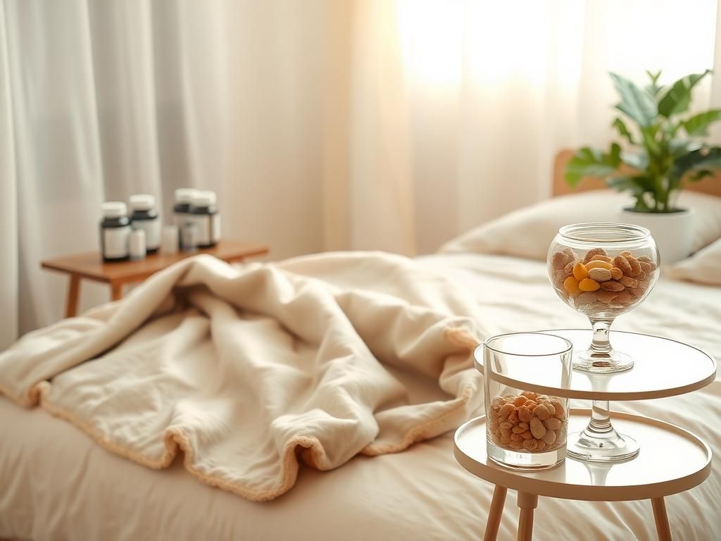 Flick International A tranquil bedroom setting featuring a cozy weighted blanket and vitamin bottles.