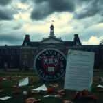 Flick International A somber depiction of Harvard University with dark storm clouds above, symbolizing scrutiny and turmoil.