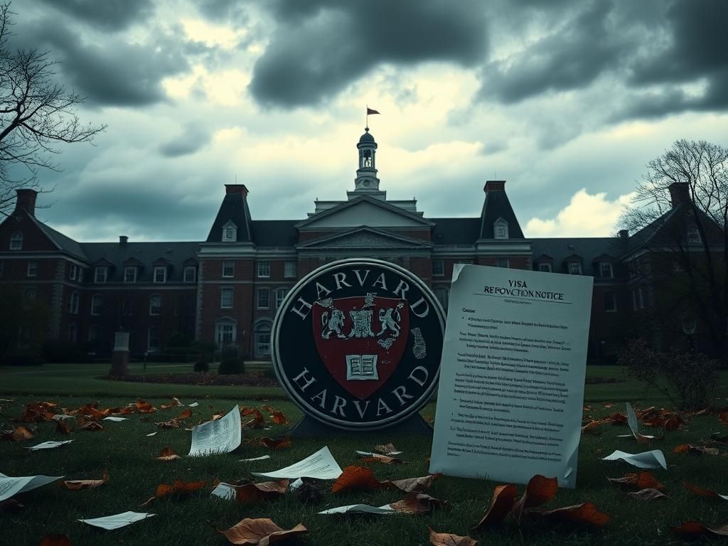 Flick International A somber depiction of Harvard University with dark storm clouds above, symbolizing scrutiny and turmoil.