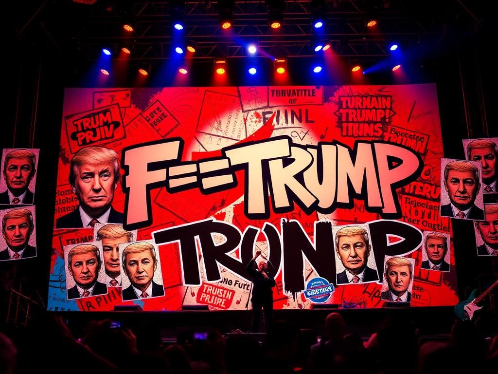 Flick International A vibrant concert stage backdrop featuring anti-Trump graffiti and political imagery.