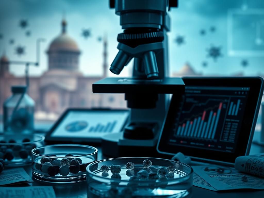Flick International Close-up of a laboratory scene showing a microscope, petri dishes with viral cultures, and a digital tablet displaying data charts.