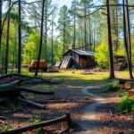 Flick International Forest scene showing debris from Hurricane Helene with downed trees and a rustic sawmill in the background