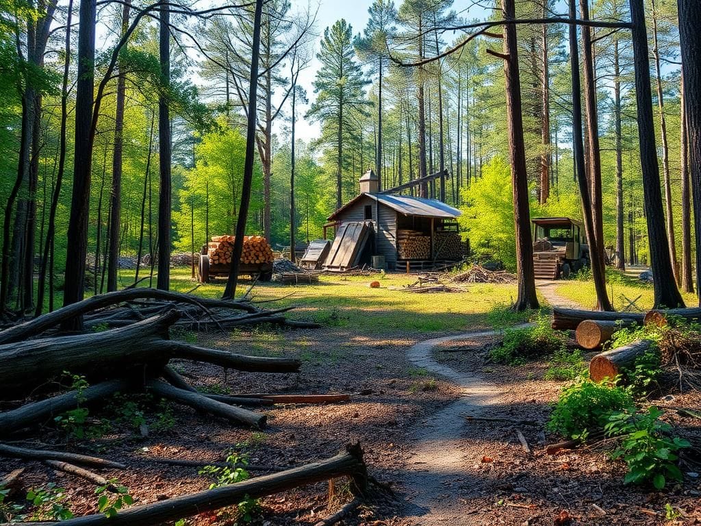 Flick International Forest scene showing debris from Hurricane Helene with downed trees and a rustic sawmill in the background
