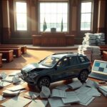 Flick International Courtroom setting with crash reconstruction model and legal documents