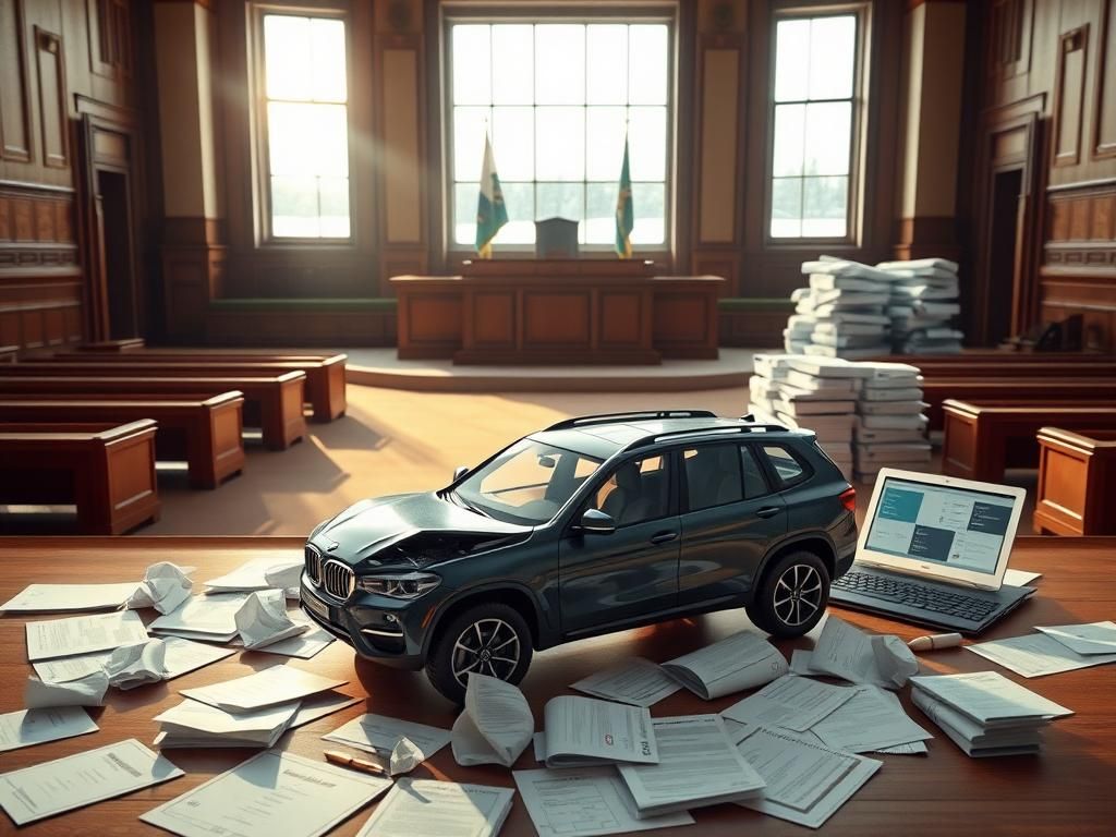 Flick International Courtroom setting with crash reconstruction model and legal documents