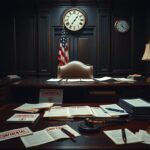Flick International Dark oak desk with legal documents and a high-end American flag in the background symbolizing political power