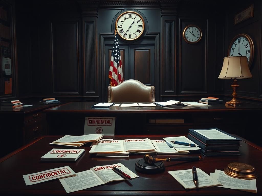 Flick International Dark oak desk with legal documents and a high-end American flag in the background symbolizing political power