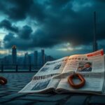 Flick International A serene yet somber landscape of Hong Kong’s skyline at dusk with storm clouds gathering and an open newspaper symbolizing press freedom.