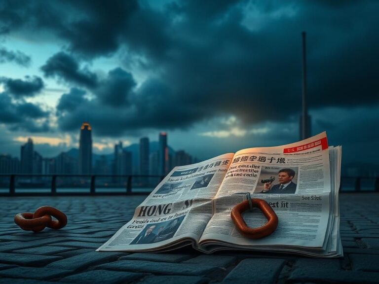 Flick International A serene yet somber landscape of Hong Kong’s skyline at dusk with storm clouds gathering and an open newspaper symbolizing press freedom.