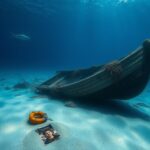 Flick International Underwater view of a sunken boat in Alaska surrounded by marine life