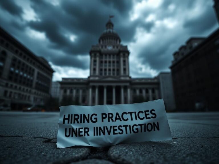 Flick International A dramatic view of Chicago's city hall looming under dark clouds, symbolizing tension and scrutiny regarding hiring practices.