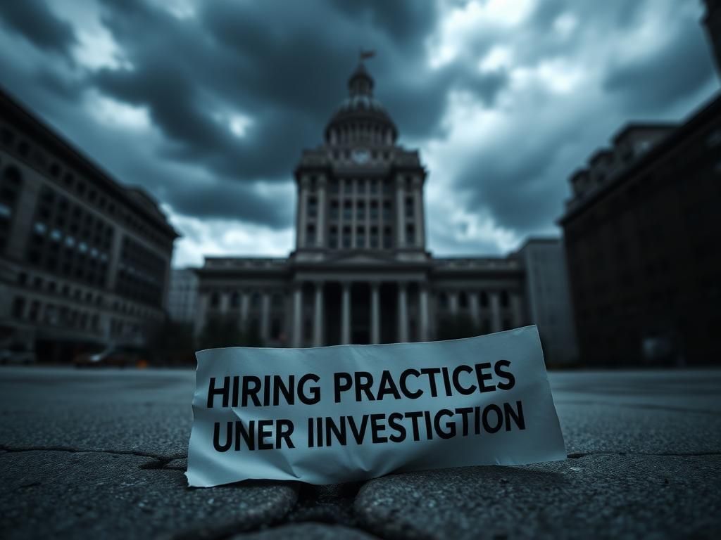 Flick International A dramatic view of Chicago's city hall looming under dark clouds, symbolizing tension and scrutiny regarding hiring practices.