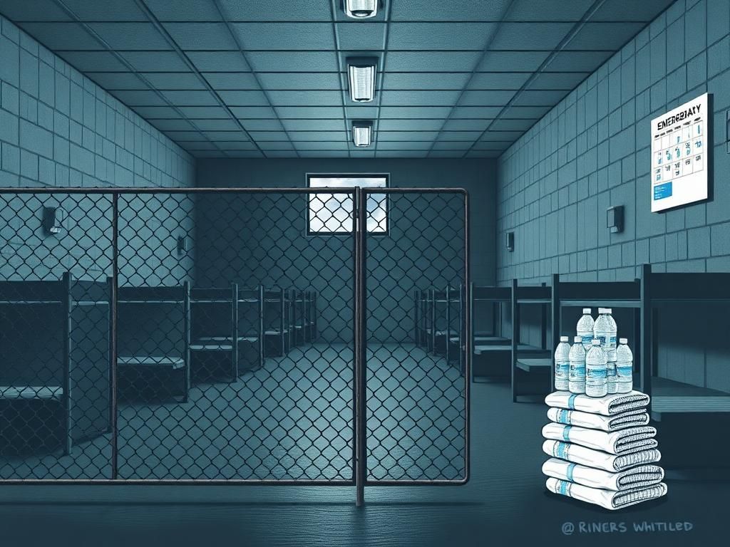Flick International Empty detention facility interior with unoccupied bunk beds and a chain-link fence symbolizing immigration enforcement challenges